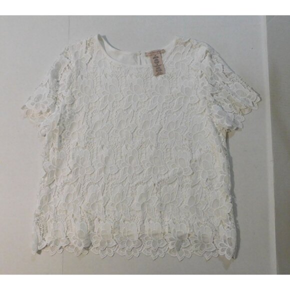 Philosophy Lace Overlay Top XL White Floral Short Sleeve Scoop Neck Lined - Picture 8 of 9